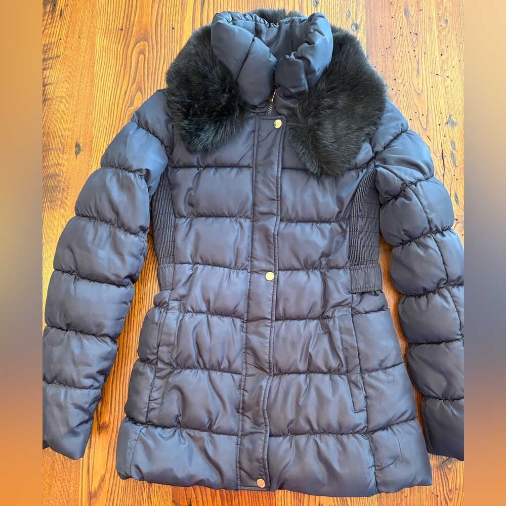 Via Spiga Womens XS  Navy Winter Puffer Fur Collar Zip Up